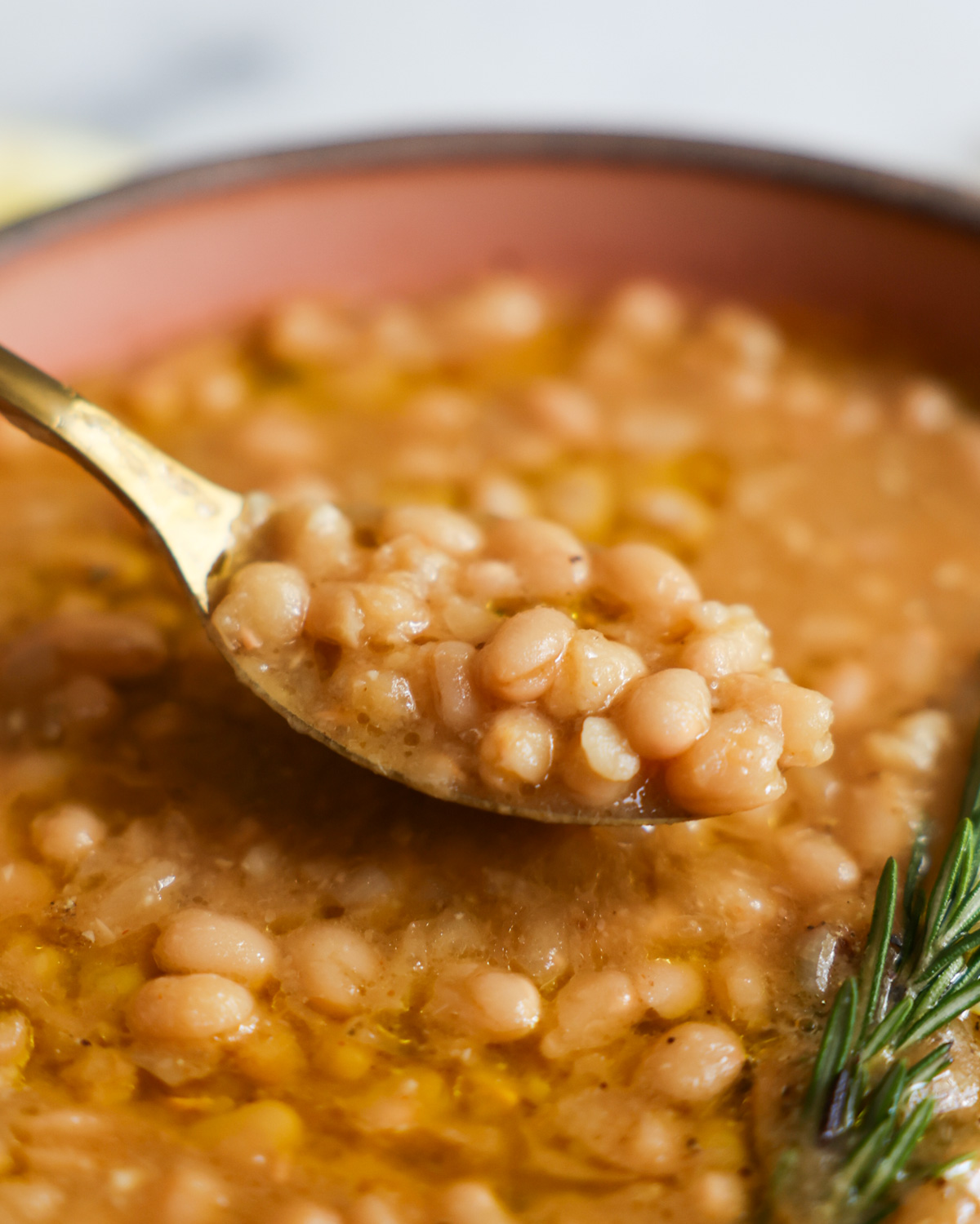 An up-close shot of a spoonful of Instant Pot white beans with lemon and rosemary