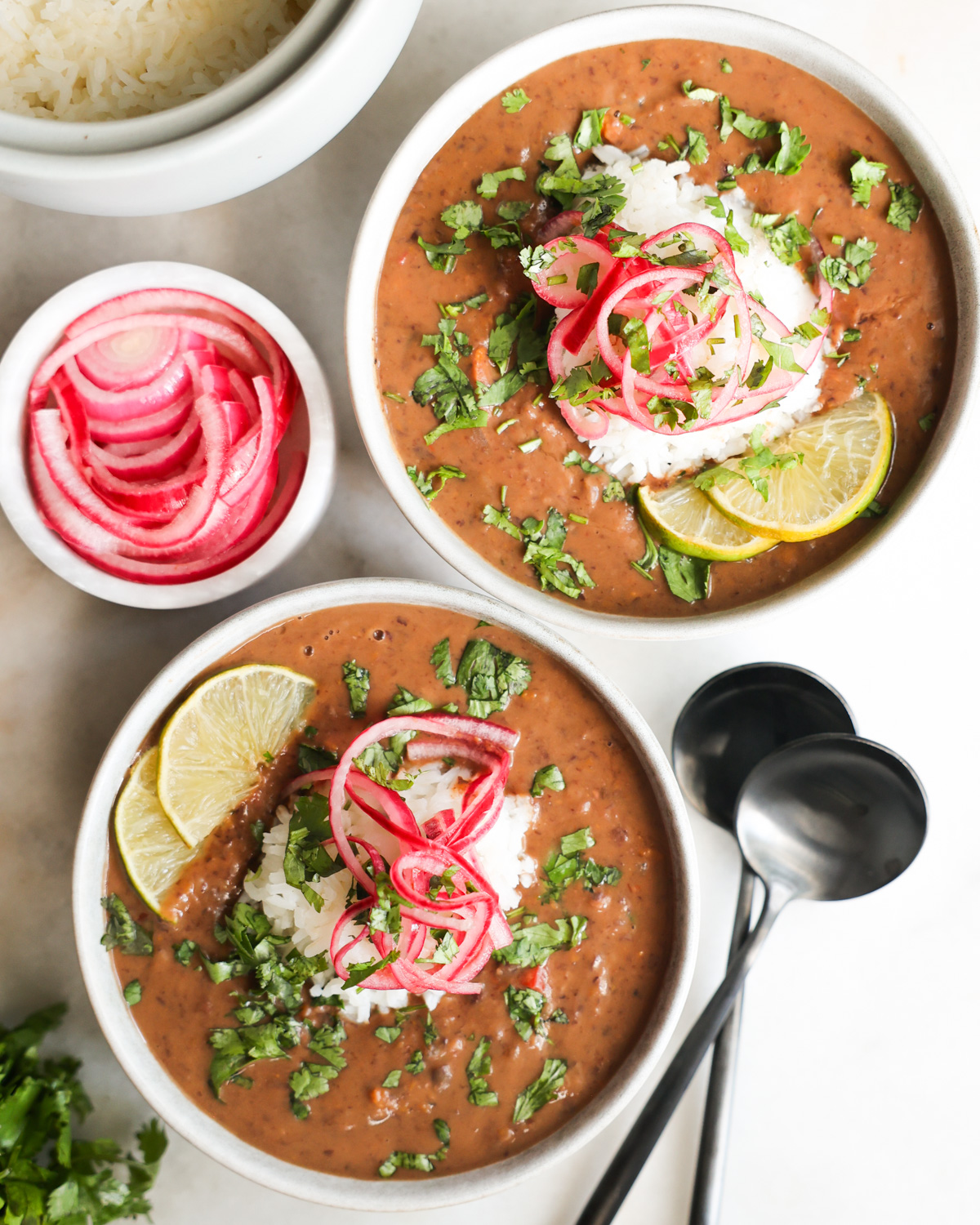 overhead of black bean soup in bowl