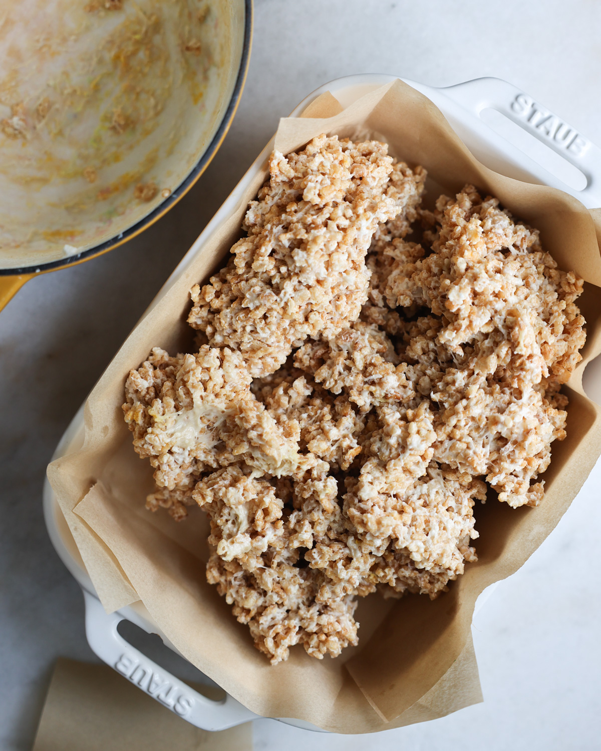 overhead of Vegan Rice Krispy Treats batter in pan