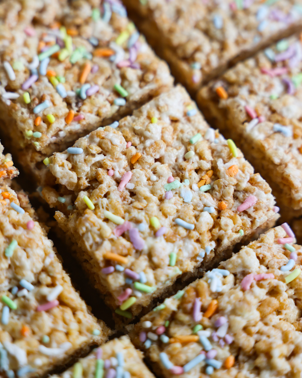 closeup of Vegan Rice Krispy Treats with sprinkles