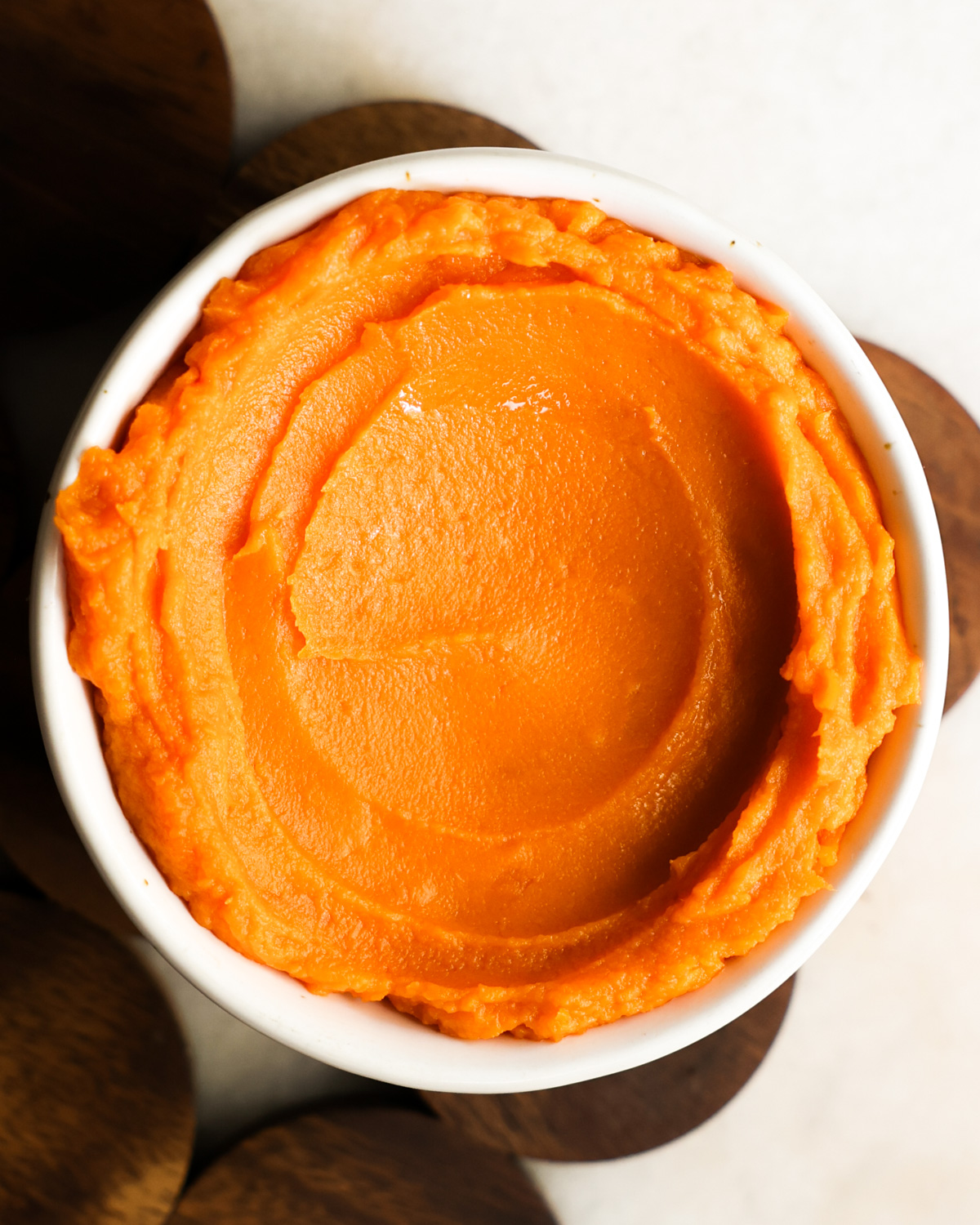 overhead of sweet potato puree in a bowl