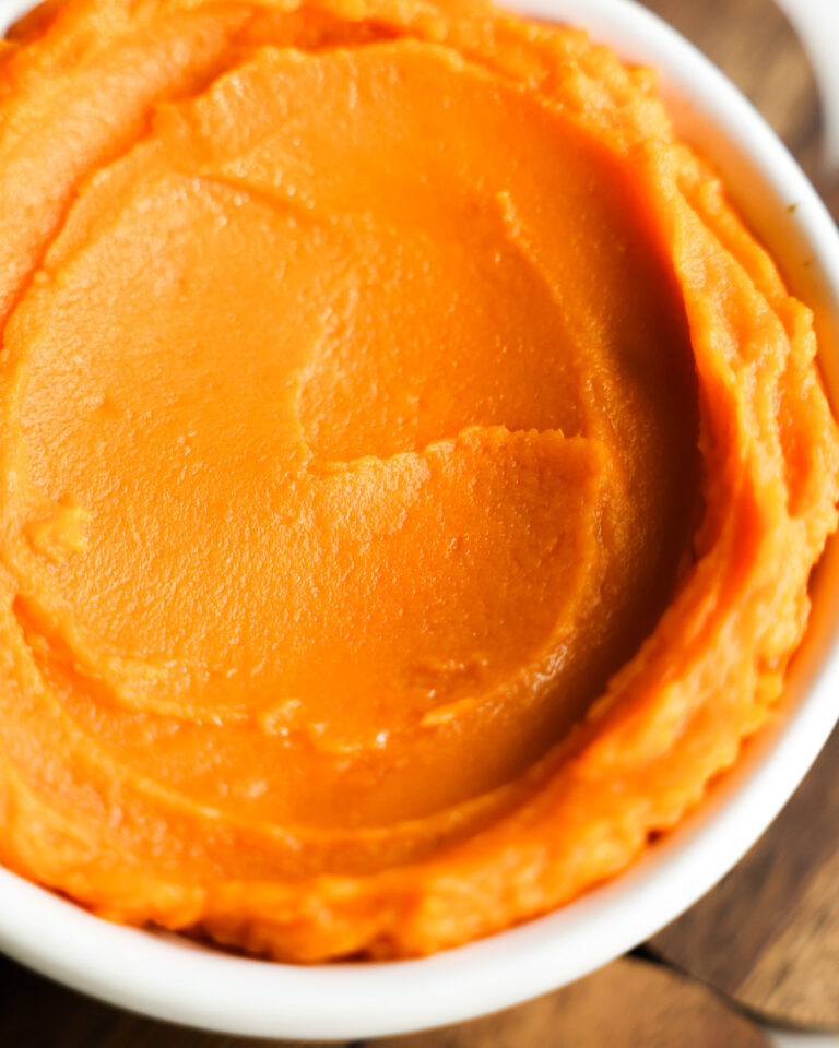 closeup of sweet potato puree in a bowl