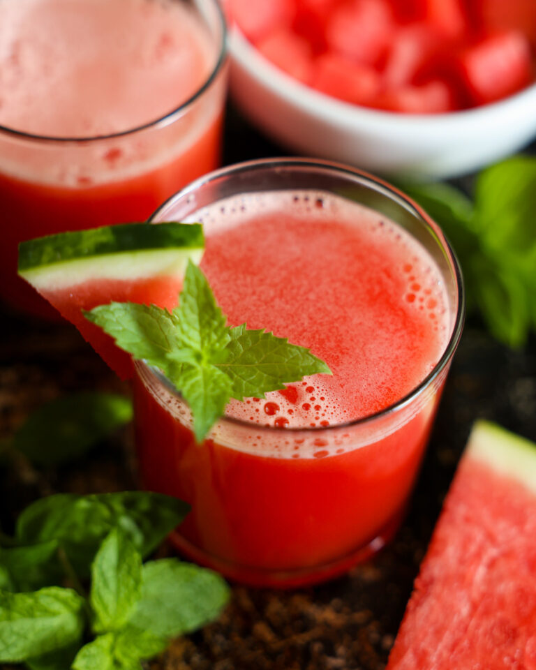 overhead of watermelon smoothie in glasses