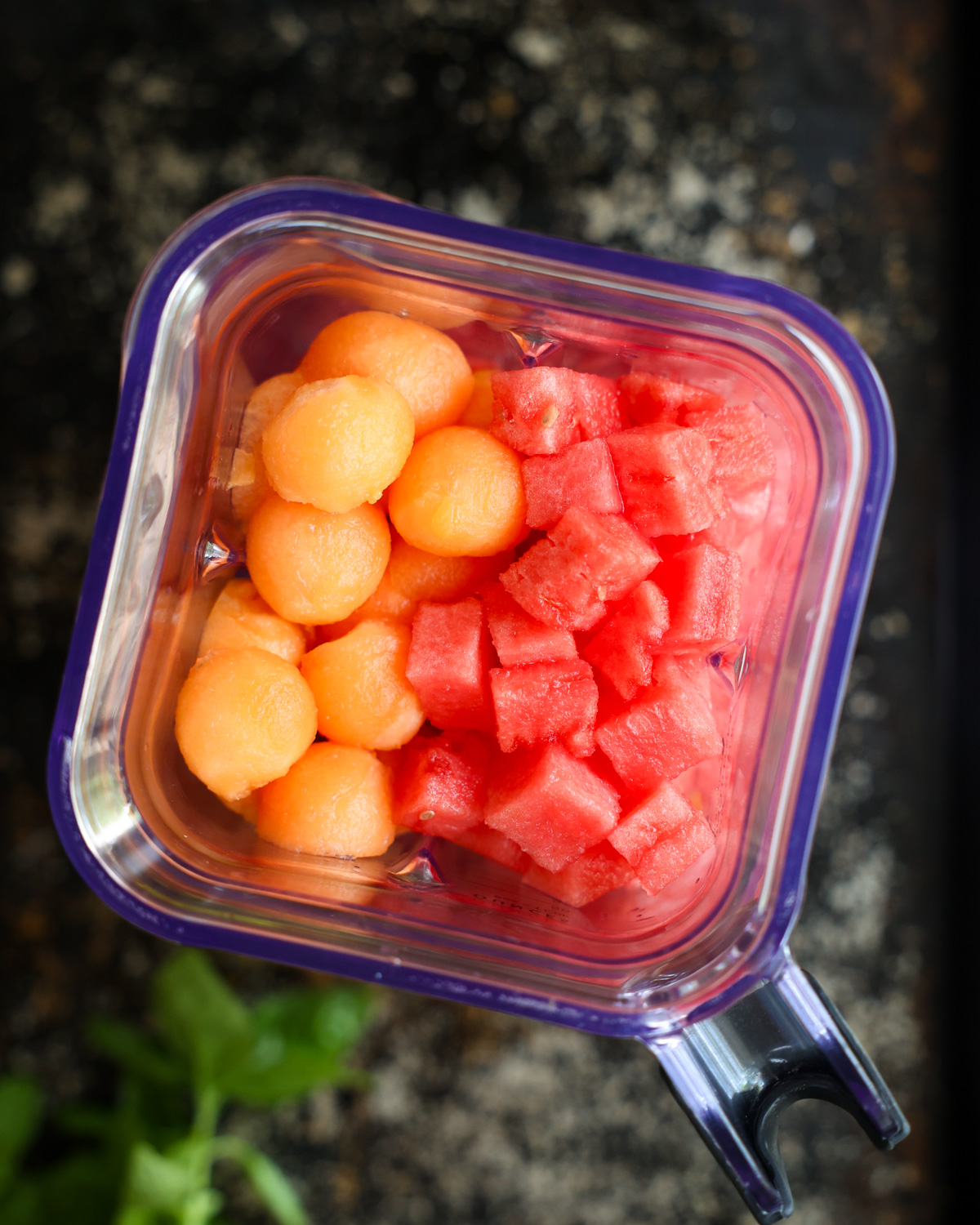 overhead of chopped melon in a blender