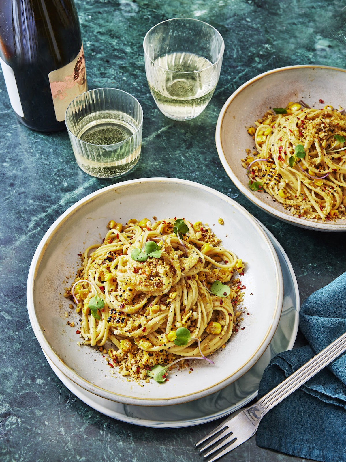 miso corn pasta on blue background