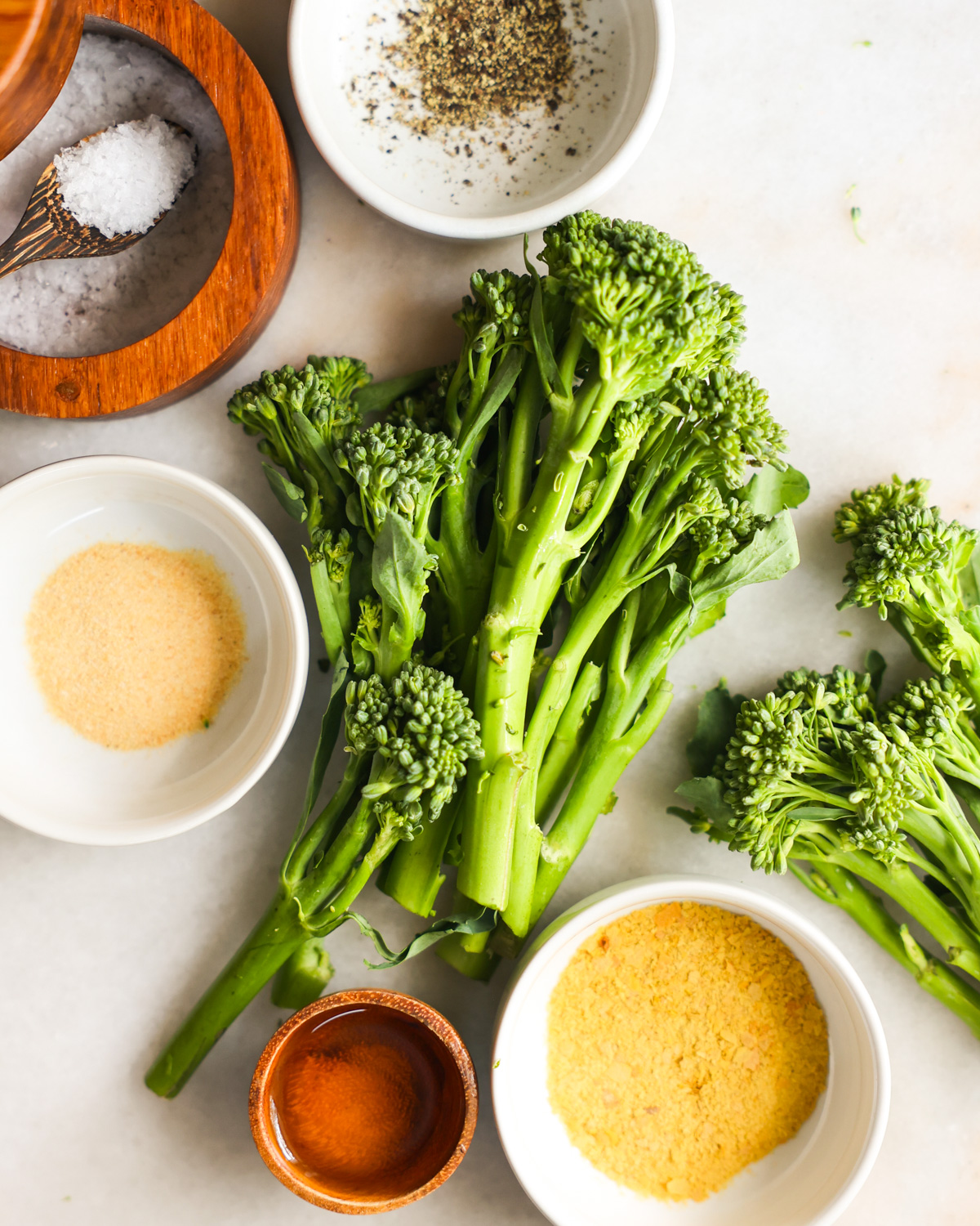 An overhead shot of all the ingredients to make air fryer broccolini.