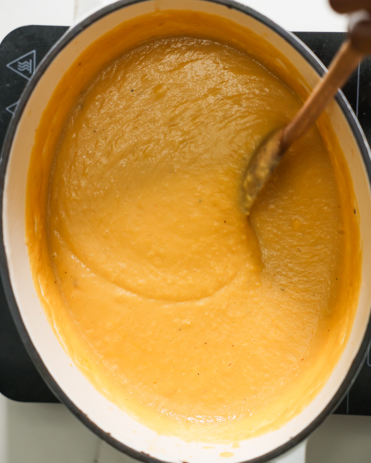 overhead of creamy coconut milk butternut squash soup