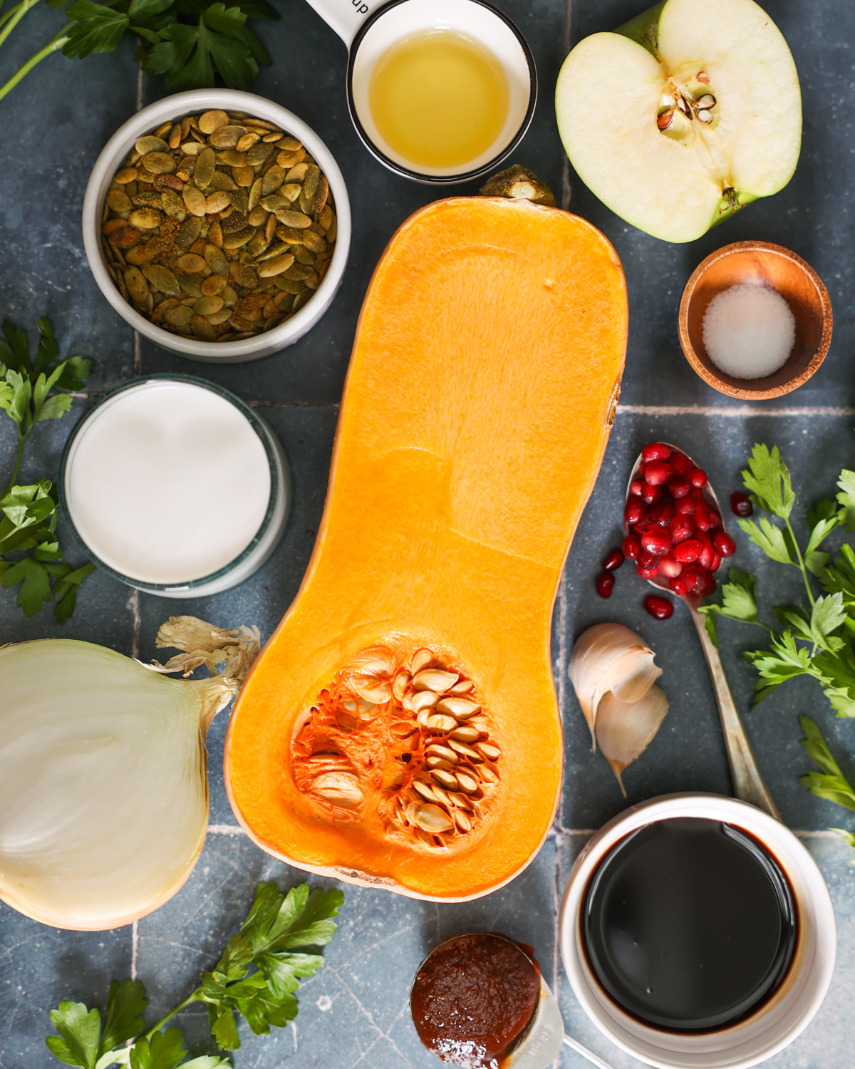 overhead of Vegan Butternut Squash Soup ingredients