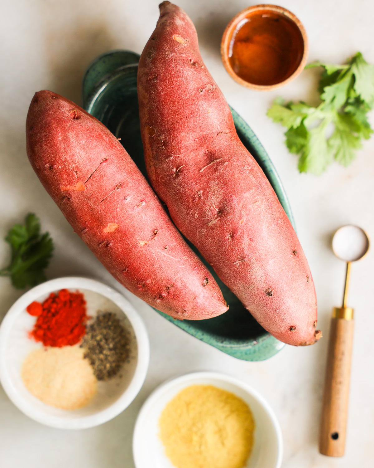 overhead of sweet potato wedges ingredients