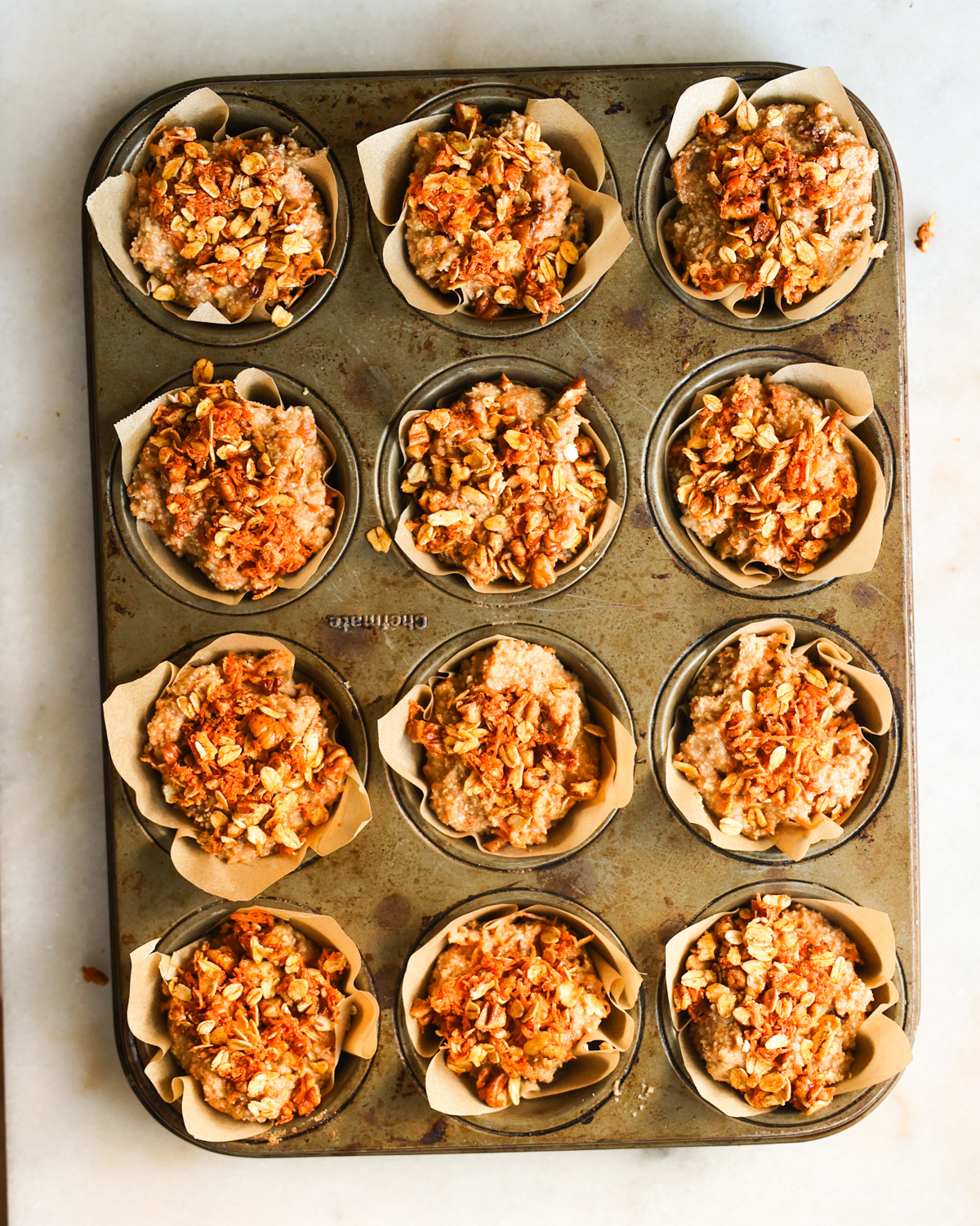 The oat bran muffins with sweet potato before baking.