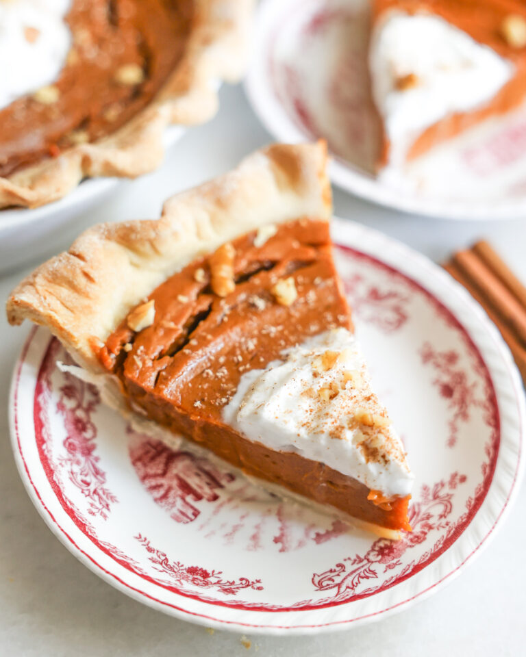 a slice of sweet potato pie on a plate