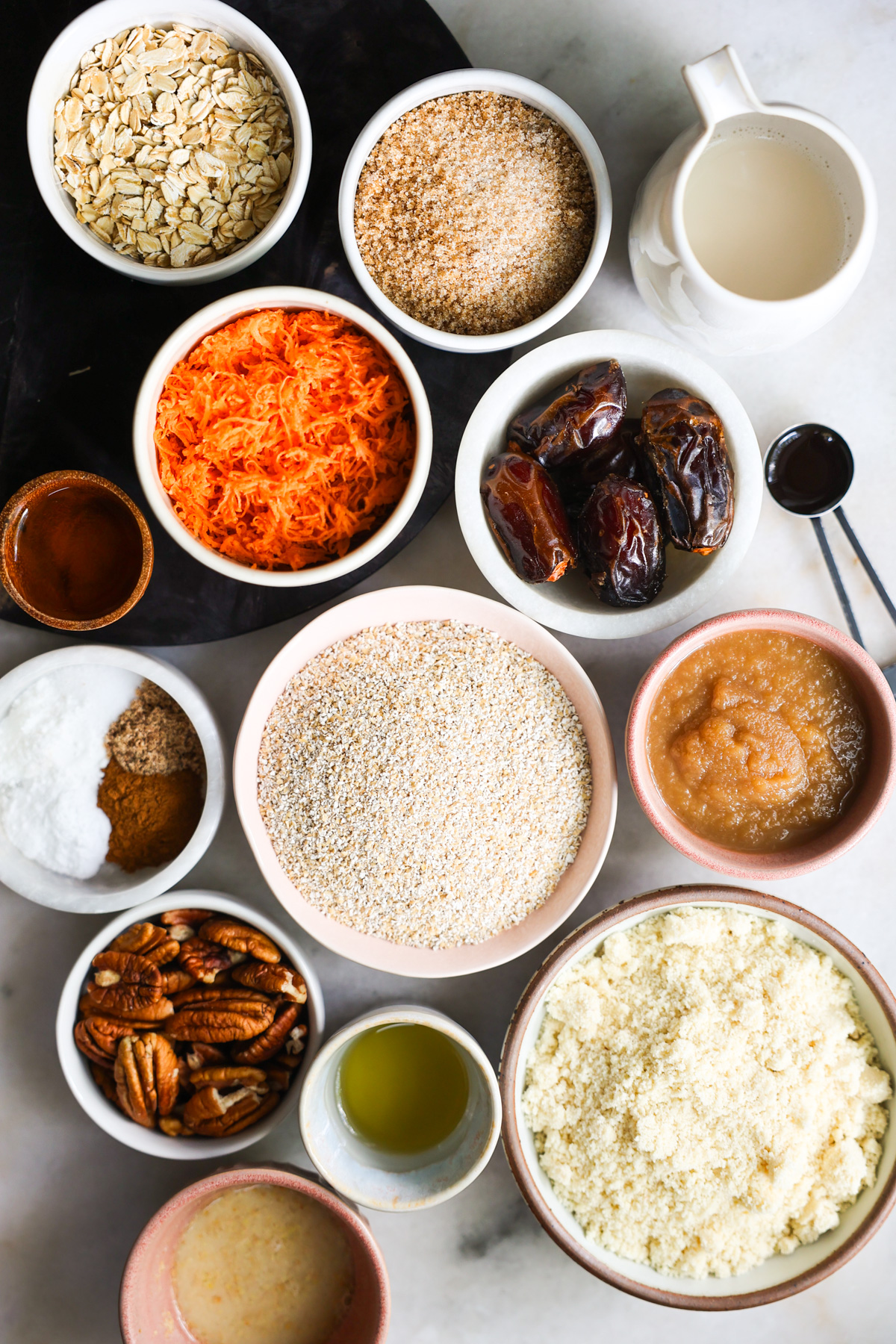 All of the ingredients for oat bran muffins with sweet potatoes on the counter.