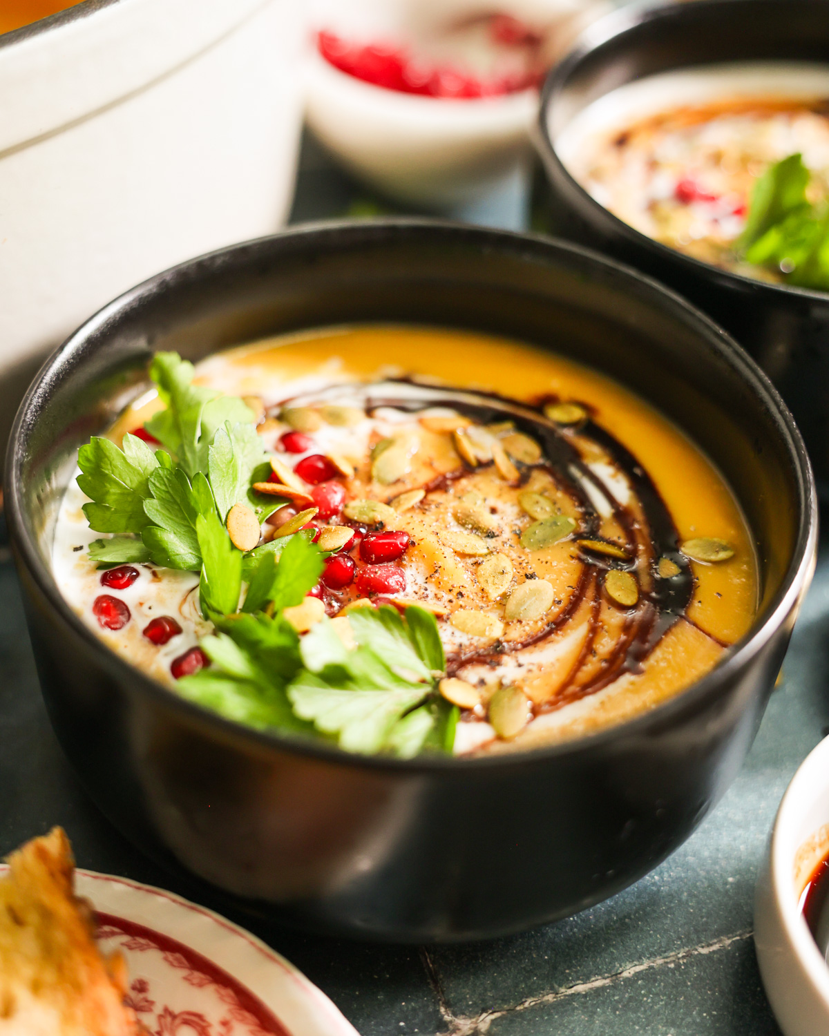 close up of coconut milk butternut squash soup