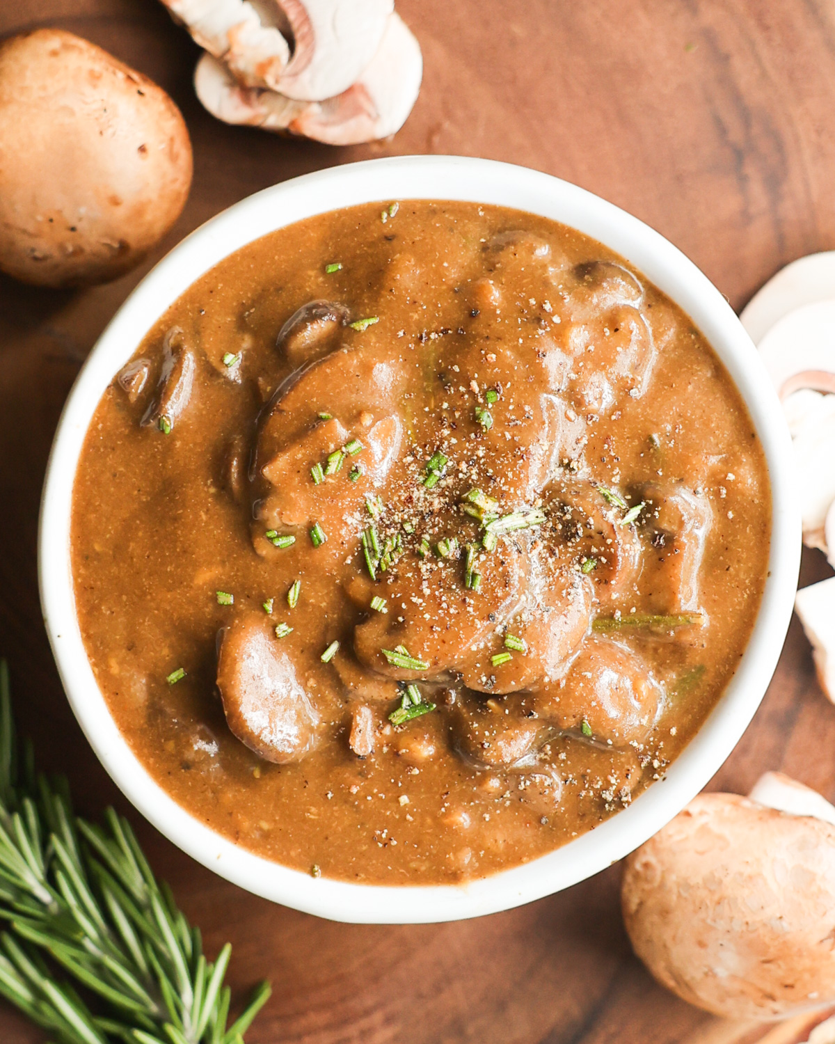 overhead of vegan mushroom gravy in a bowl