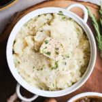 overhead of vegan mashed potatoes with mushroom gravy