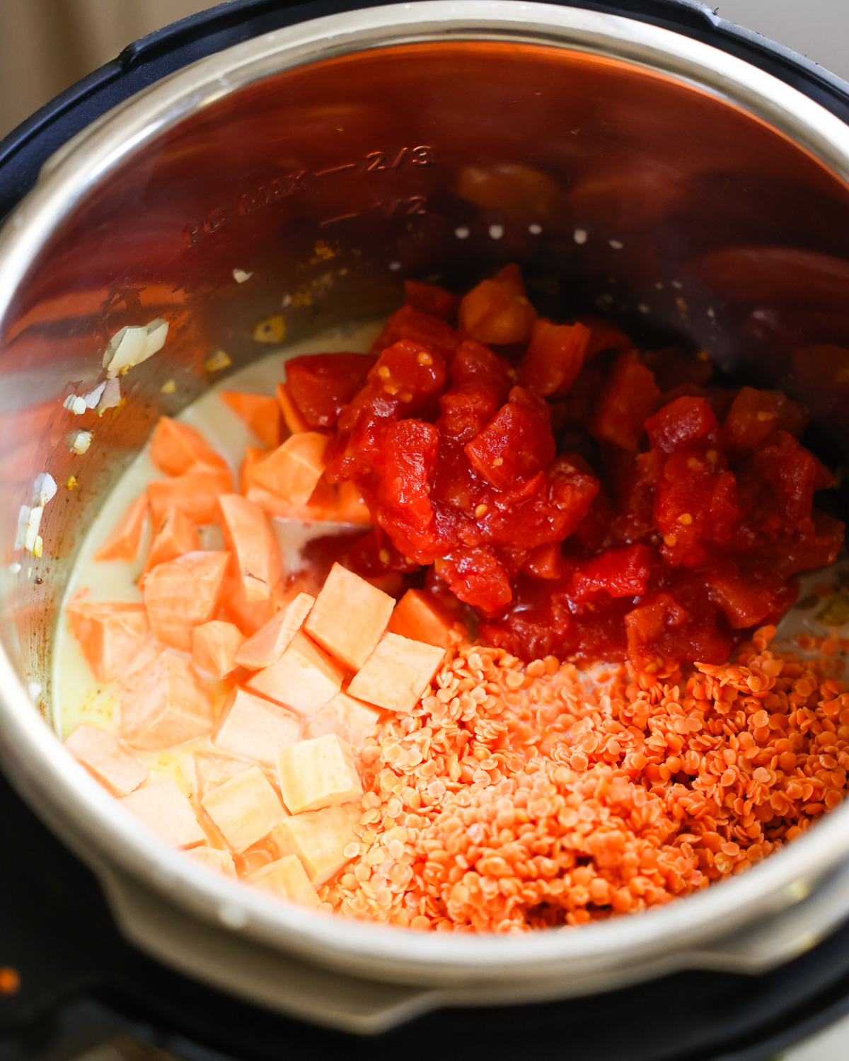 raw ingredients for lentil curry with sweet potatoes in instant pot