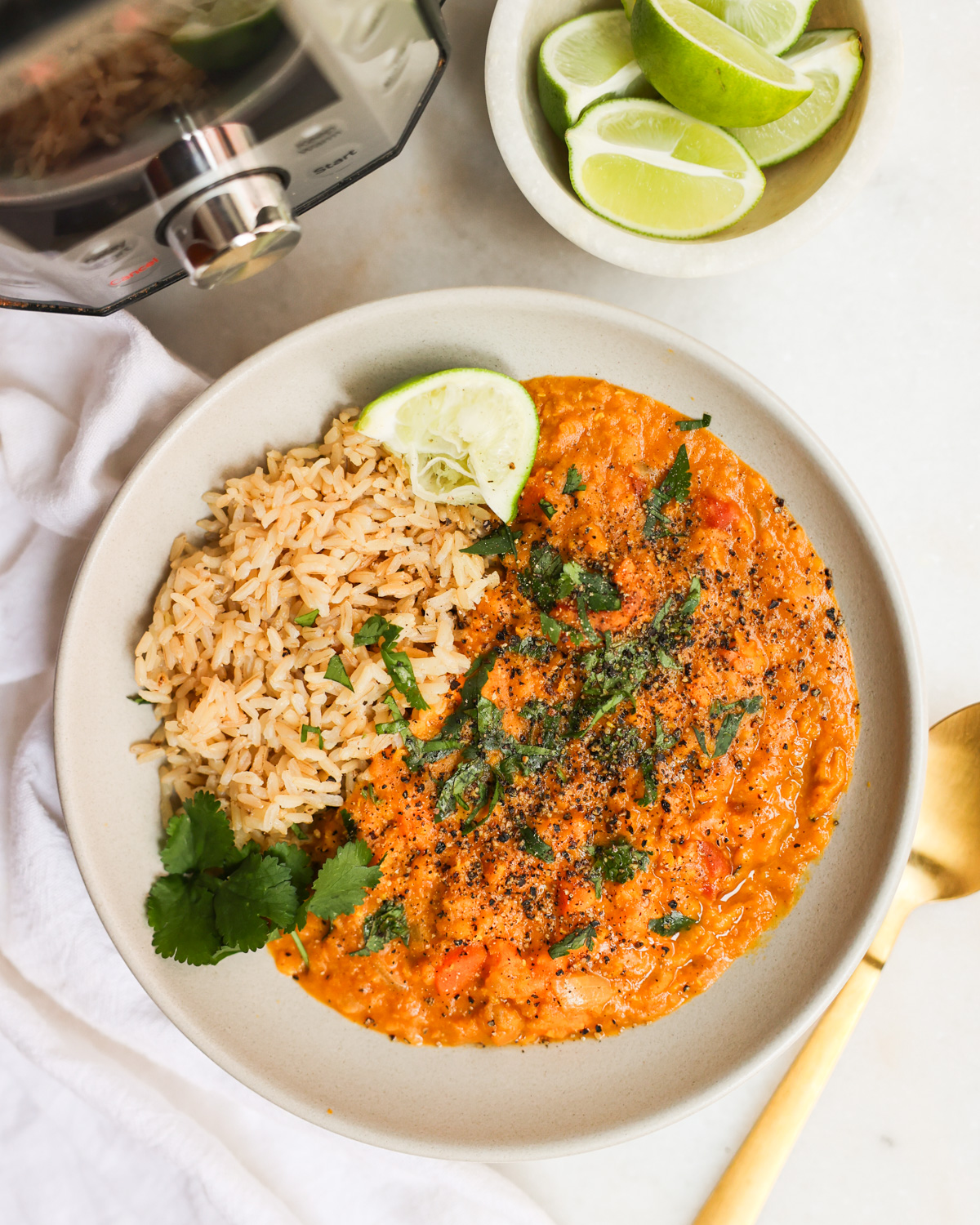 overhead of sweet potato red lentil curry with instant pot 