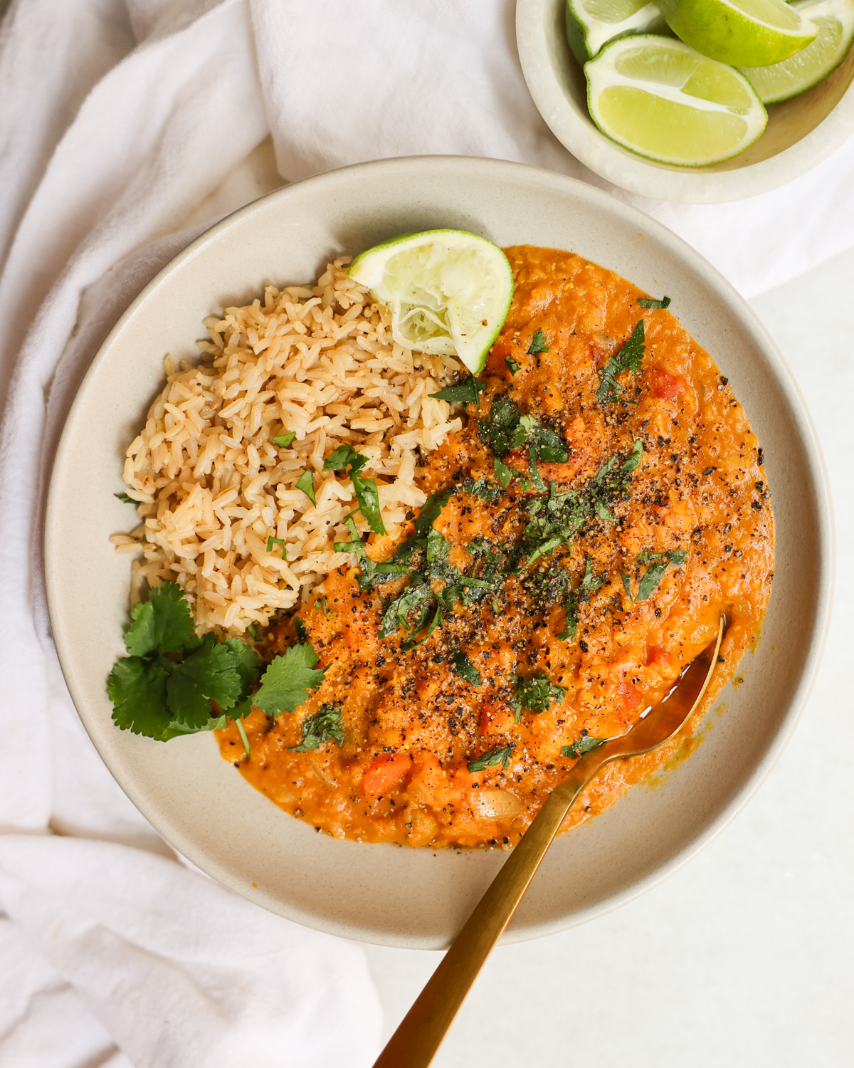 overhead of sweet potato lentil curry in bowl