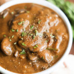 close up of vegan mushroom gravy in bowl