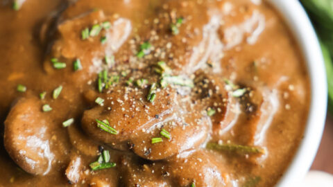 close up of vegan mushroom gravy in bowl