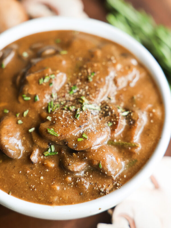 close up of vegan mushroom gravy in bowl