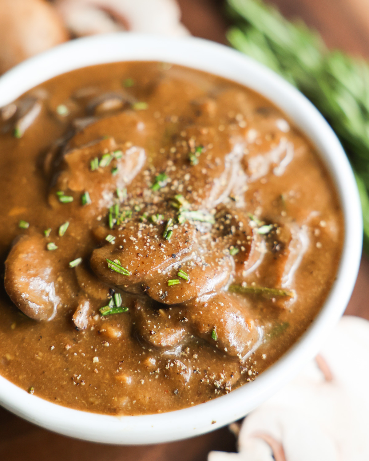 close up of vegan mushroom gravy in bowl