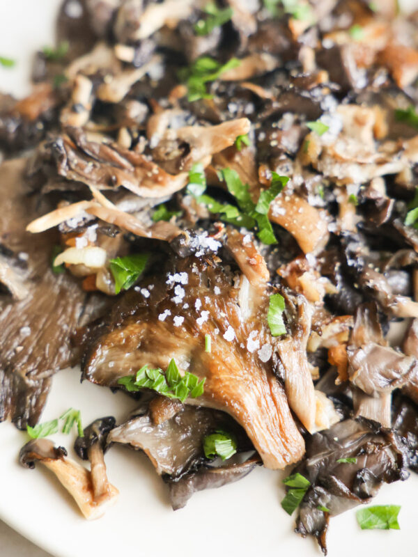 close up of Pan-Fried Oyster Mushrooms on plate