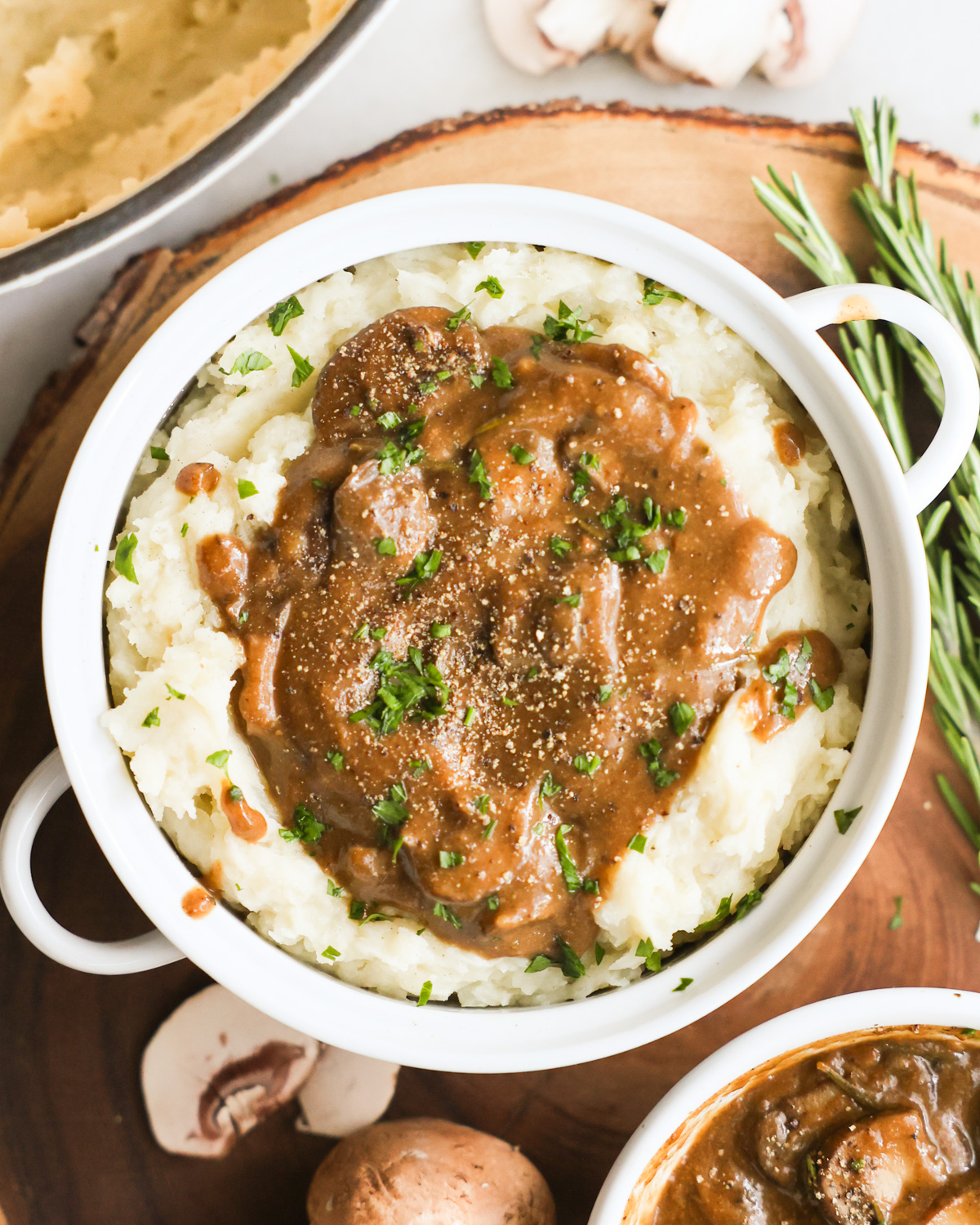 overhead of vegan mashed potatoes and gravy 