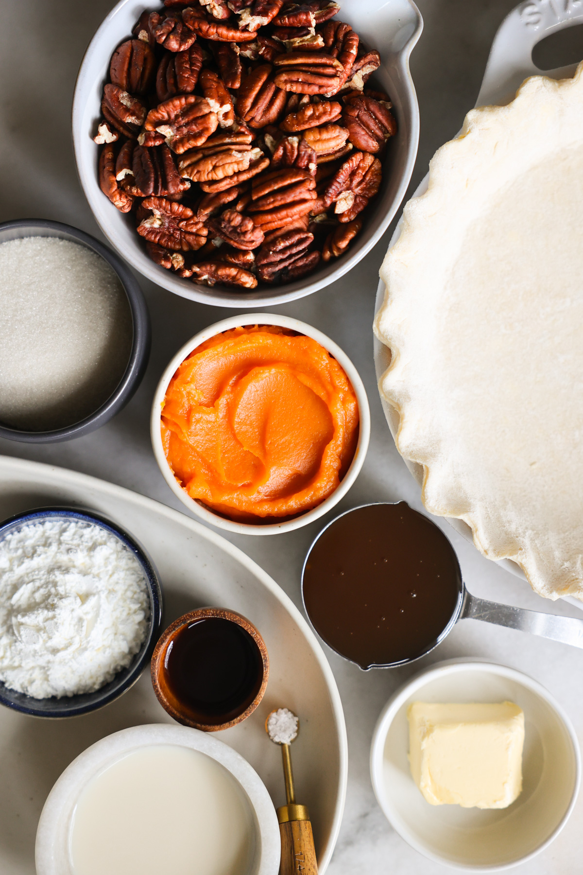 vegan pecan pie ingredients overhead