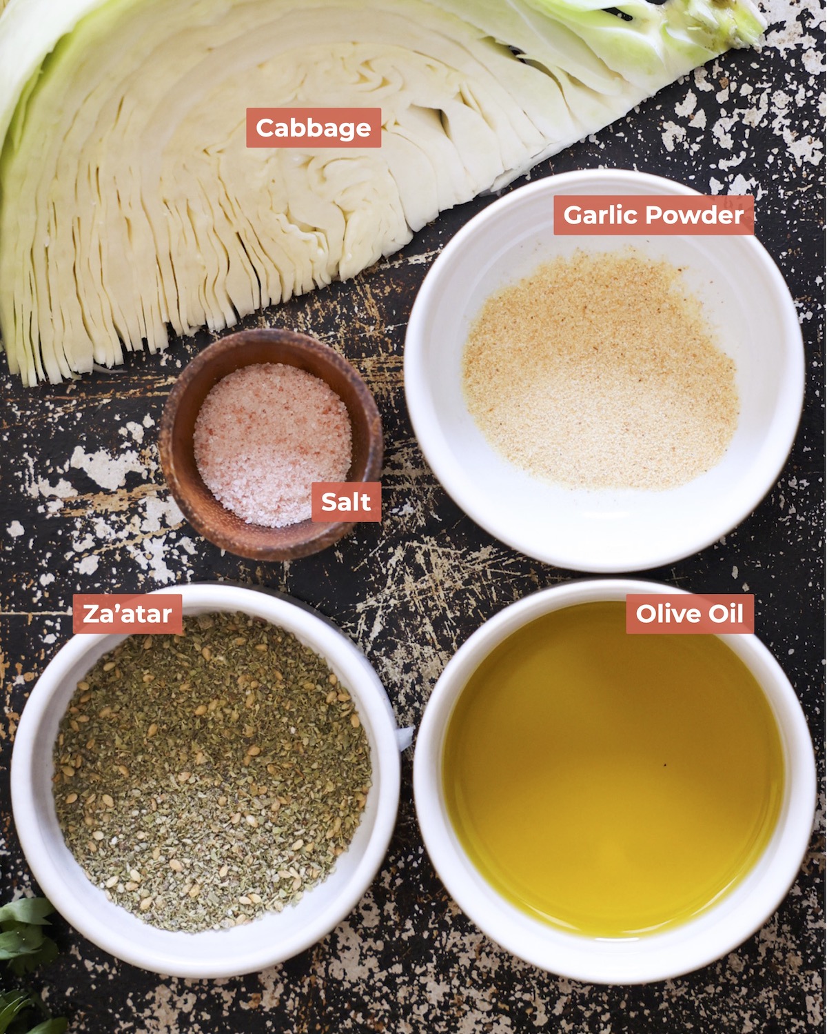 Labeled ingredients for the roasted cabbage recipe.