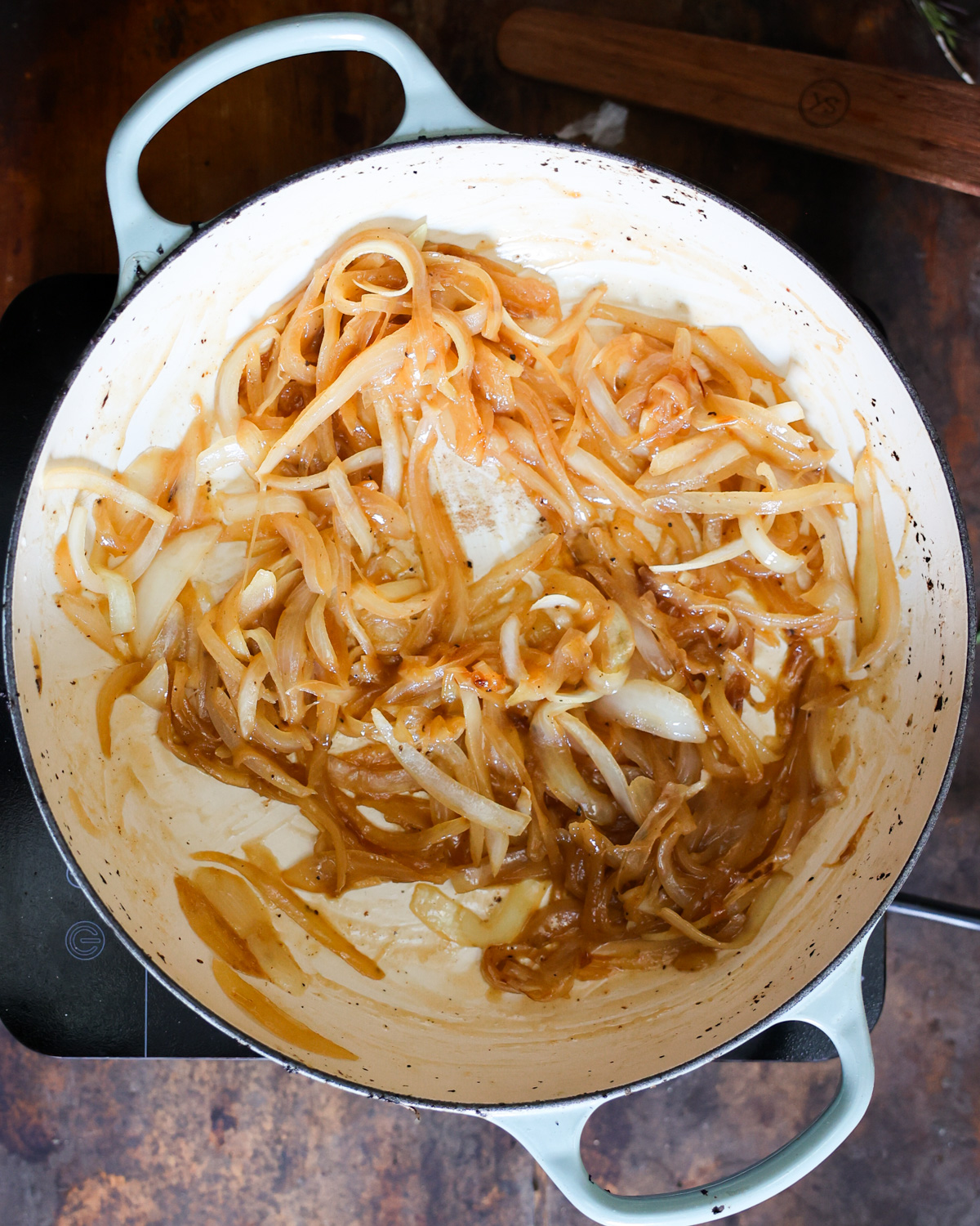 Caramelized onions in a pan.