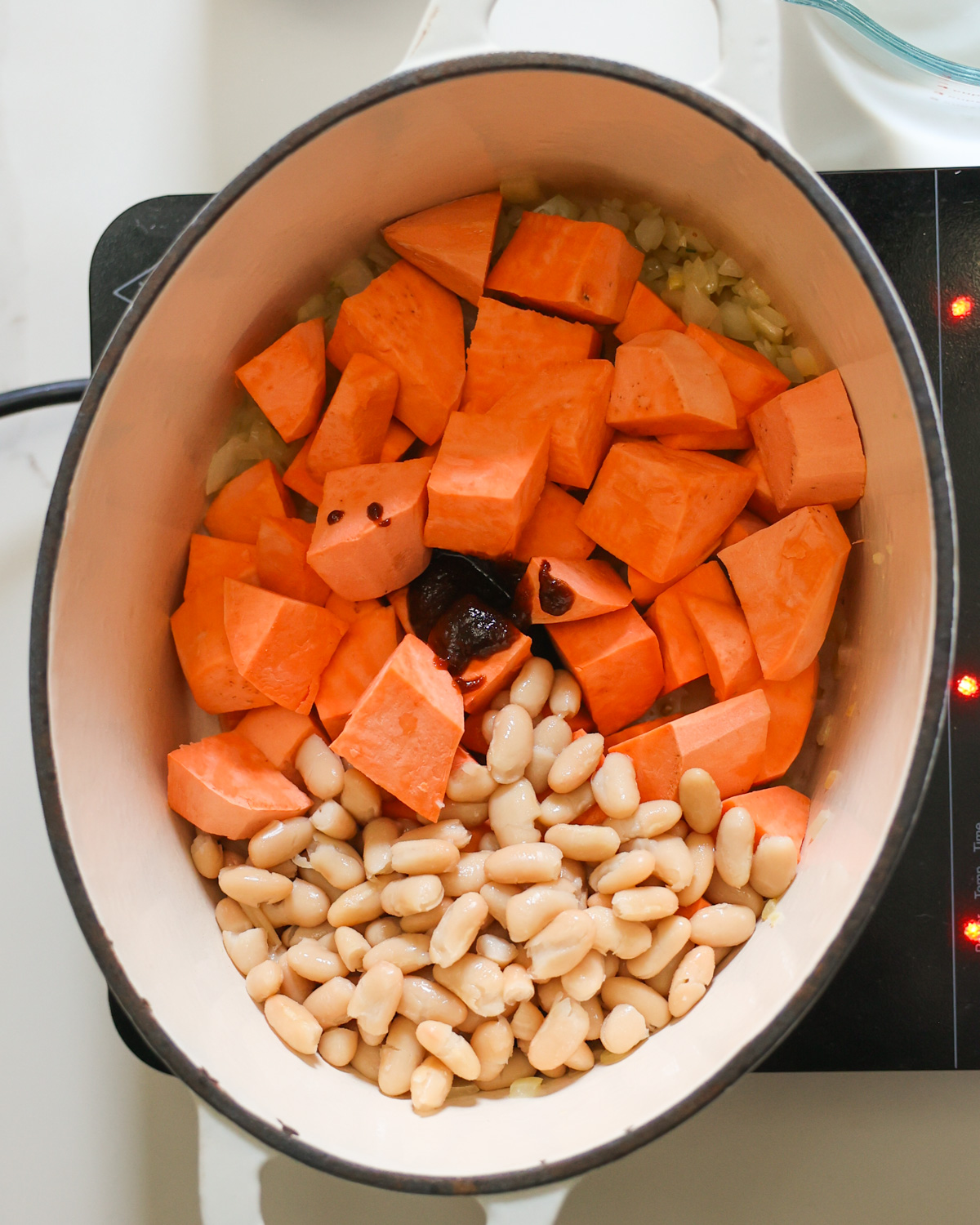 sweet potato soup ingredients in pot