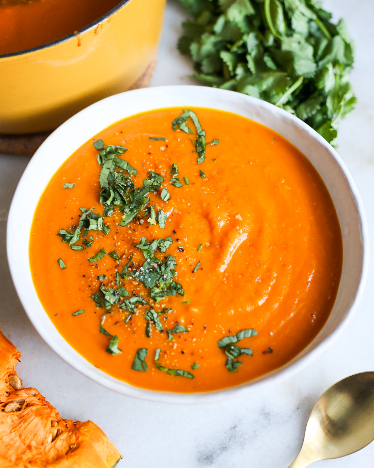 kabocha soup in white bowl