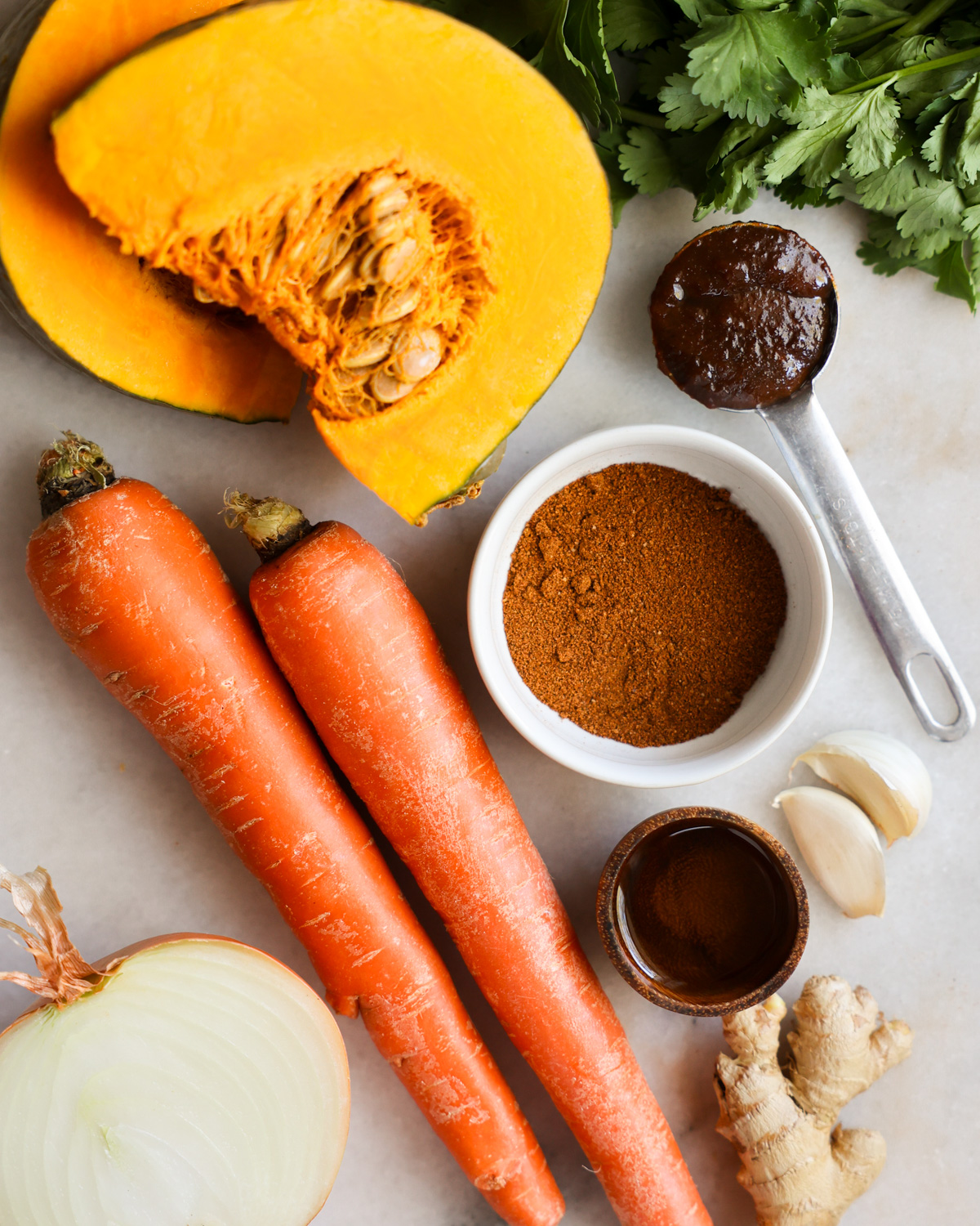 overhead of kabocha soup ingredients