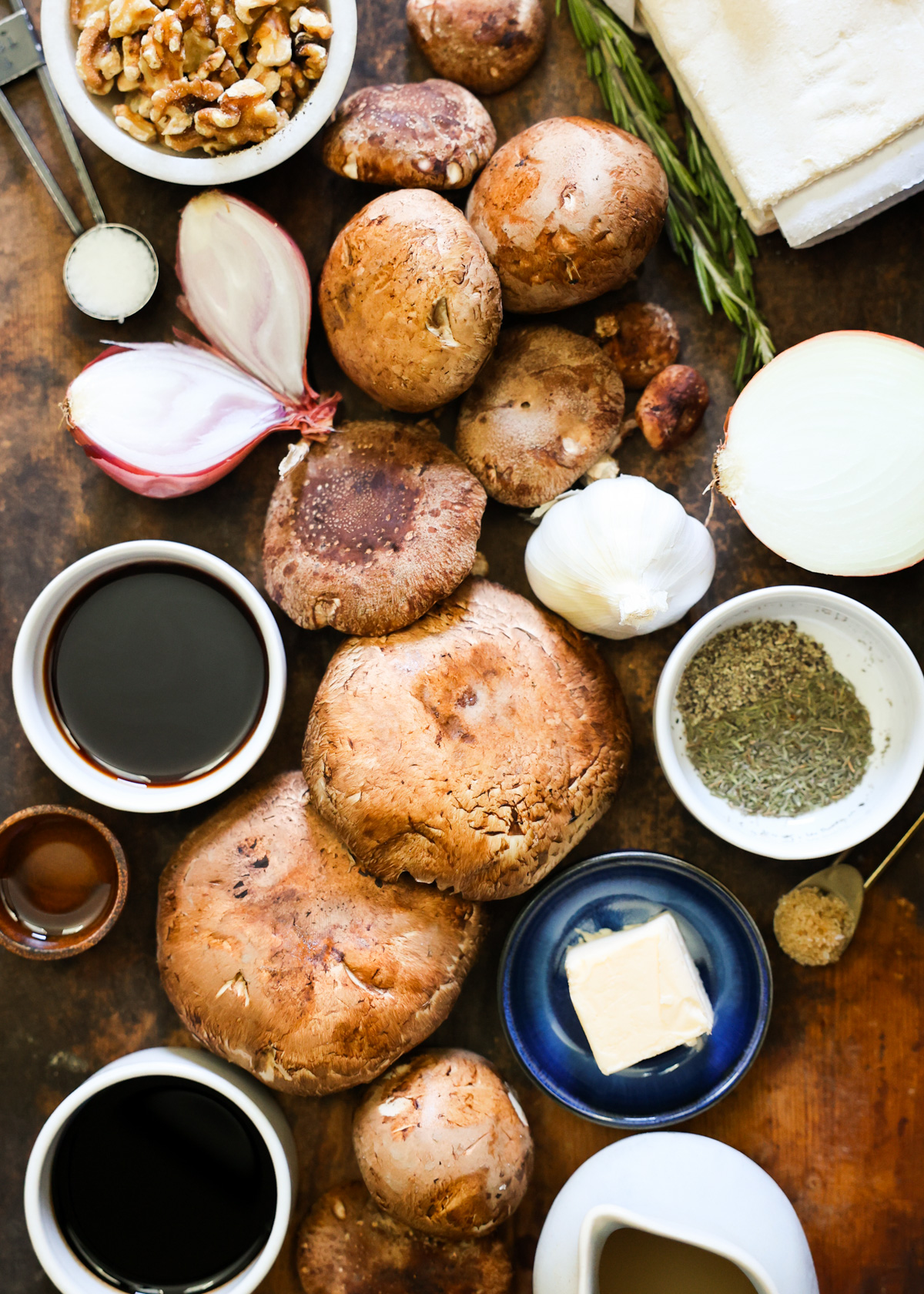 An overhead shot of all the ingredients needed to make the Mushroom wellington.