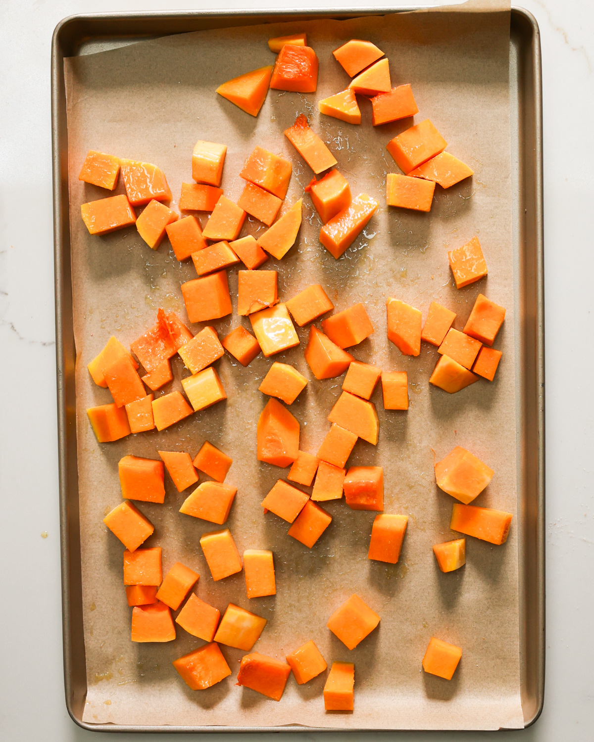 overhead roasting butternut squash