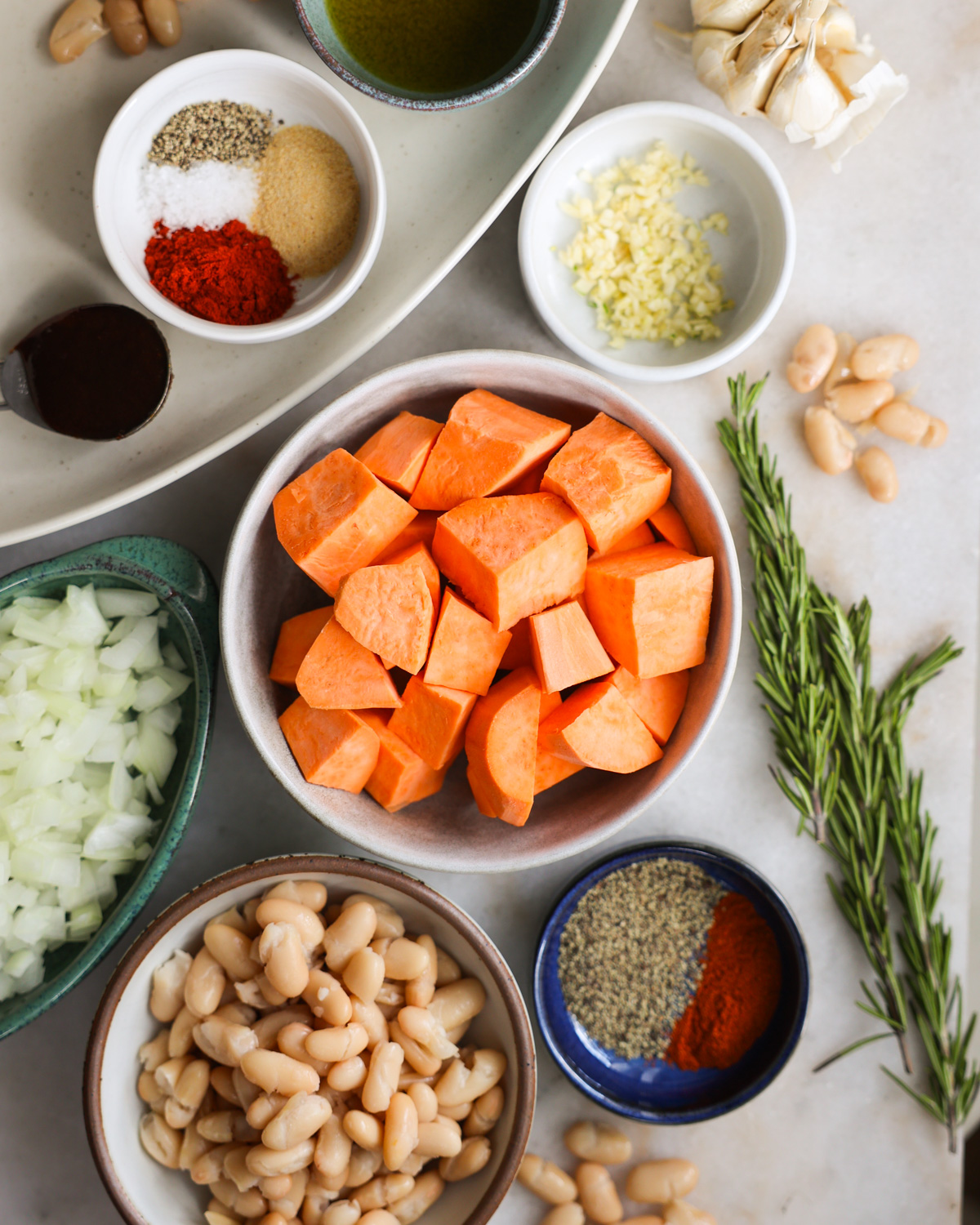 overhead of ingredients for sweet potato bisque