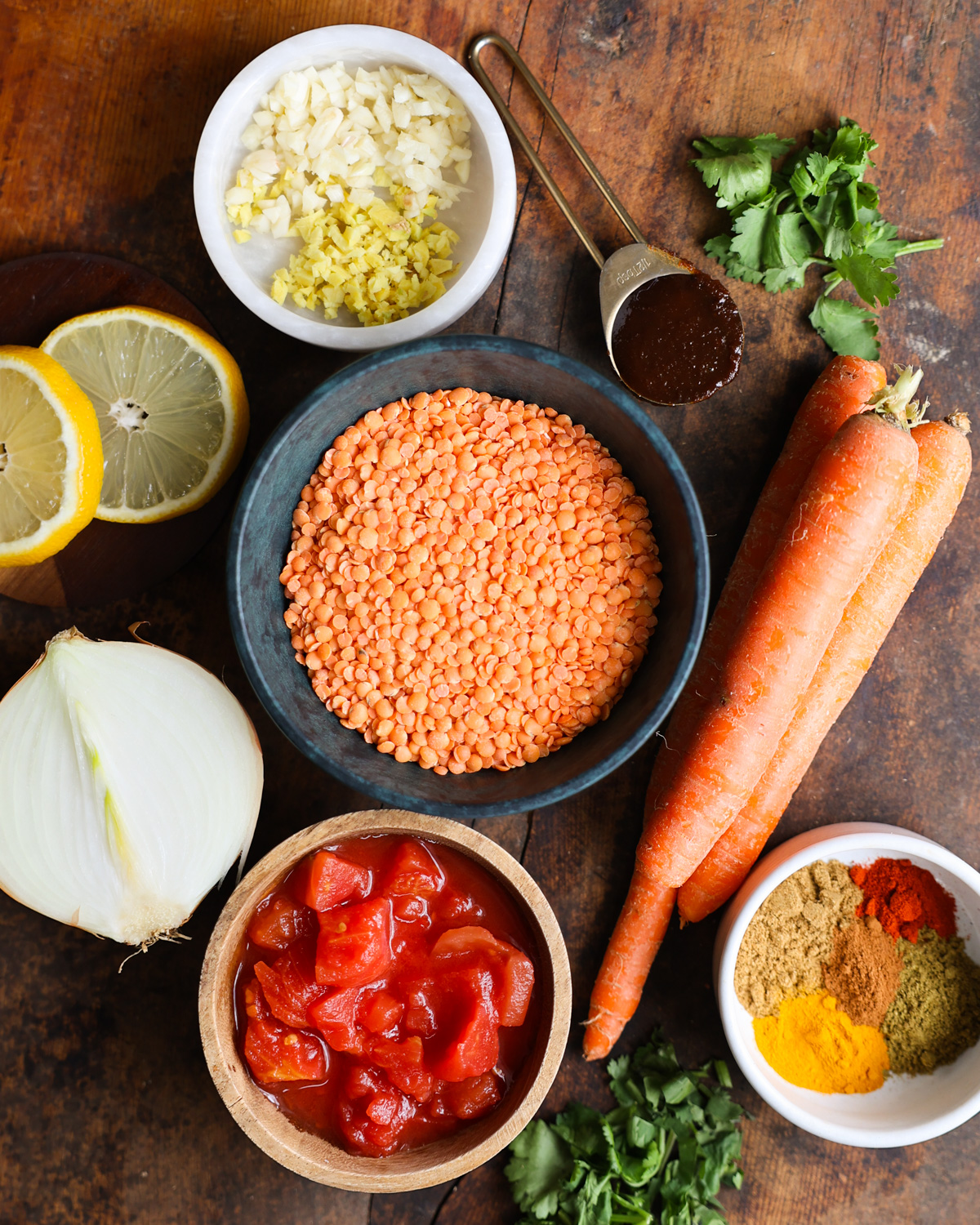 overhead red lentil soup ingredients