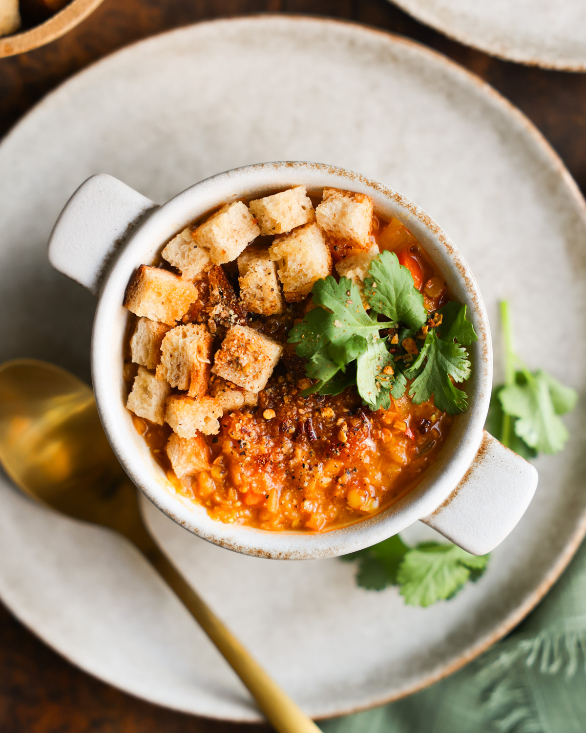 overhead of red lentil soup