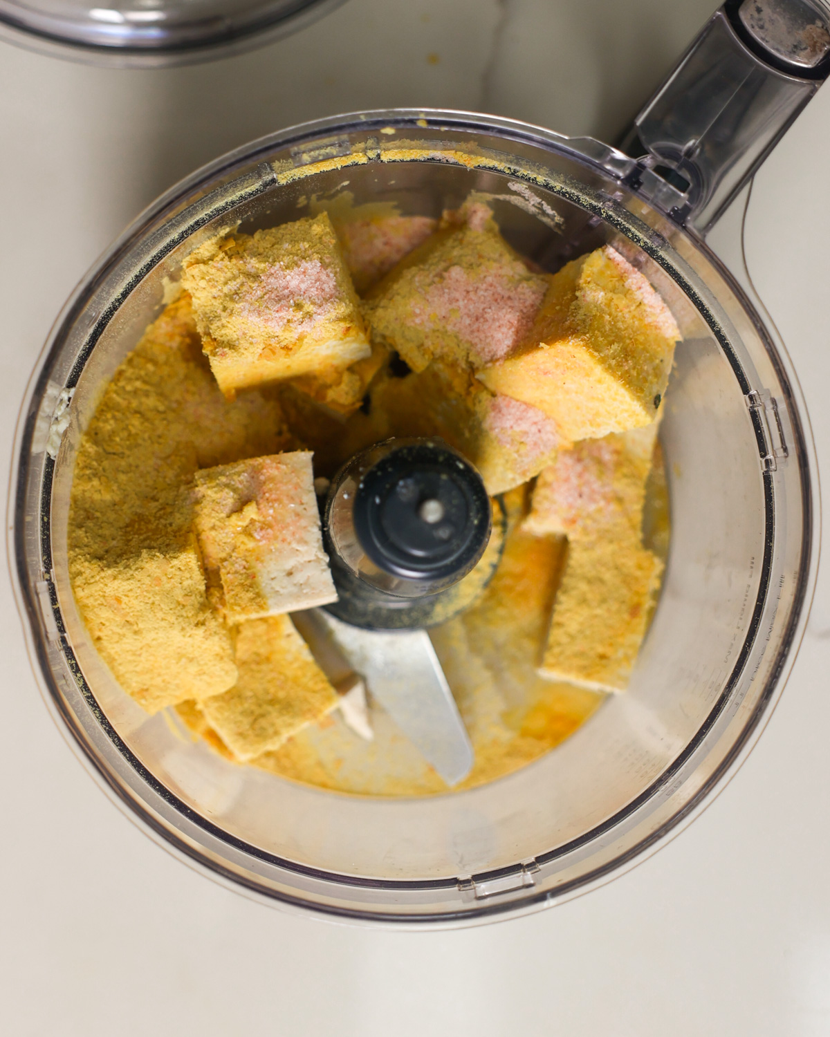 overhead tofu cheese ingredients in blender