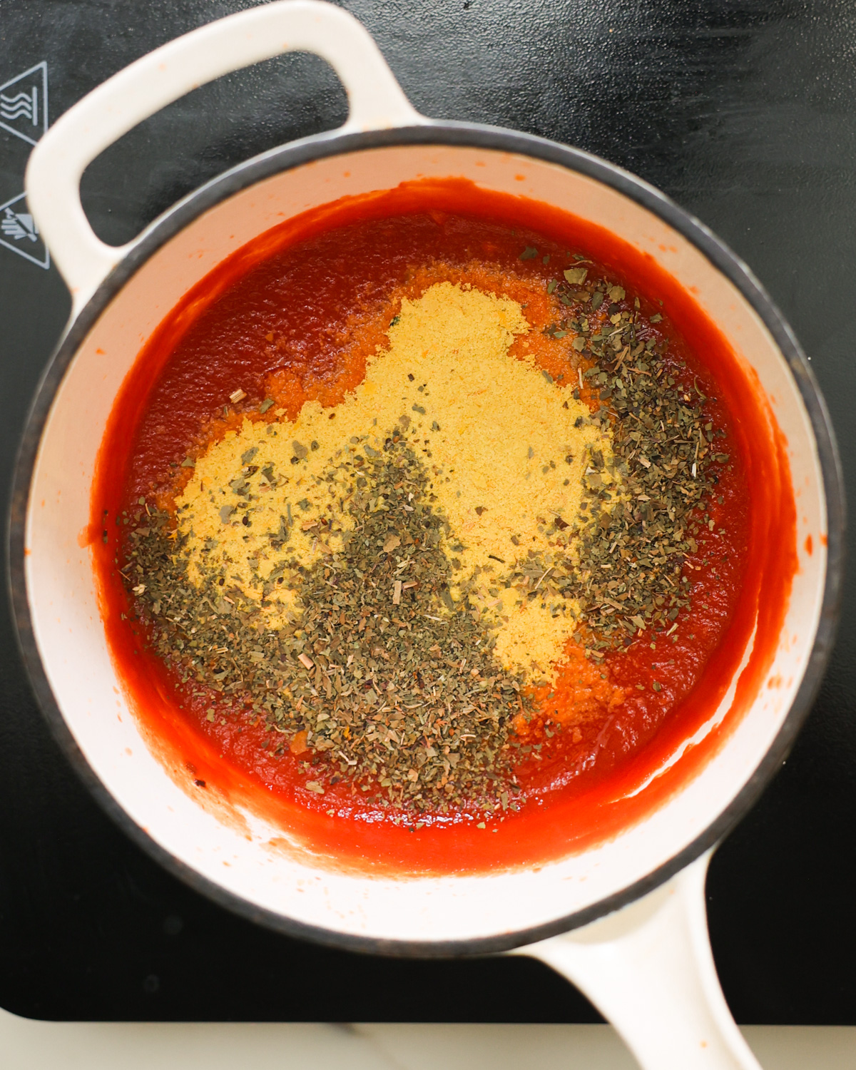 overhead tomato sauce in pot