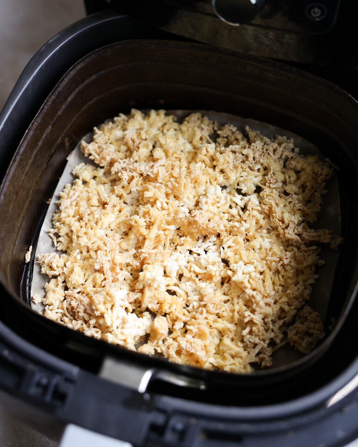 overhead crispy shredded tofu in air fryer