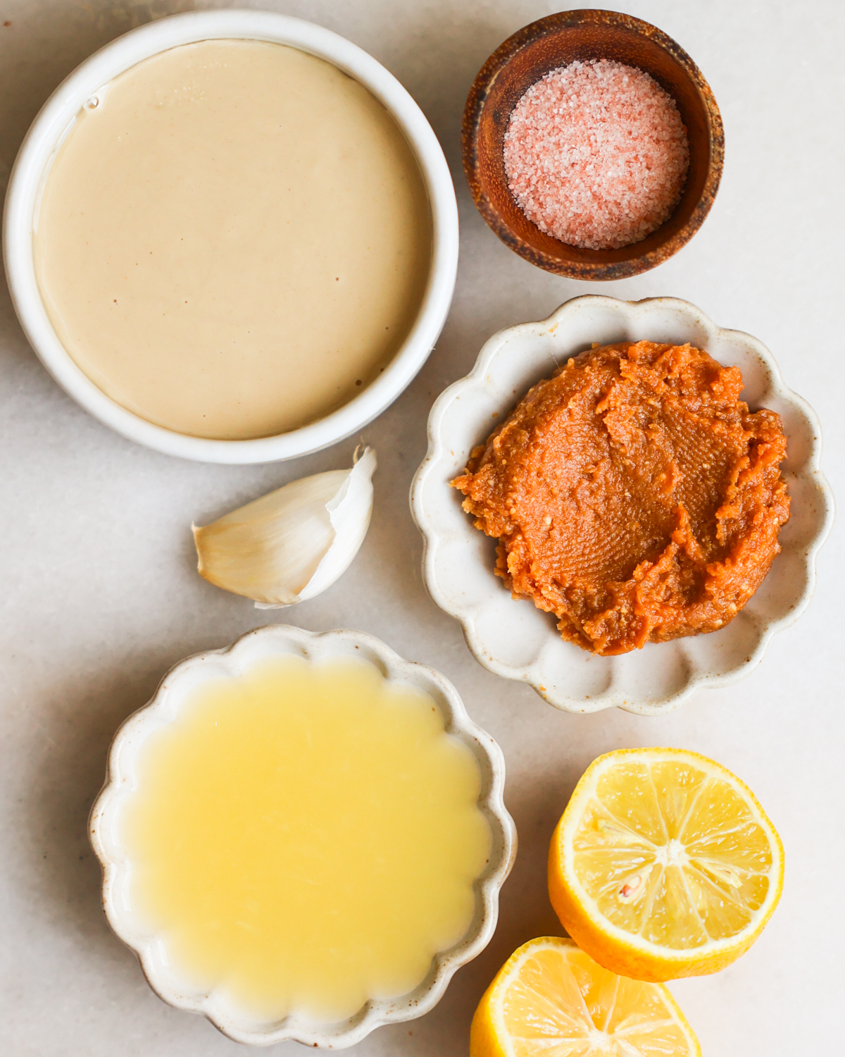 overhead of ingredients for tahini dressing