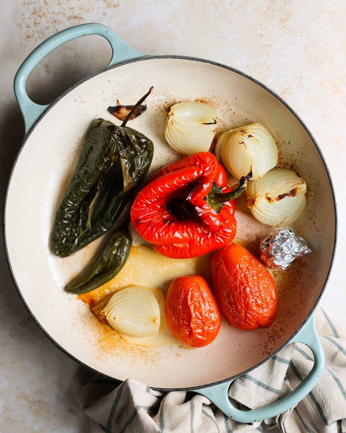 overhead of roasted peppers in pan