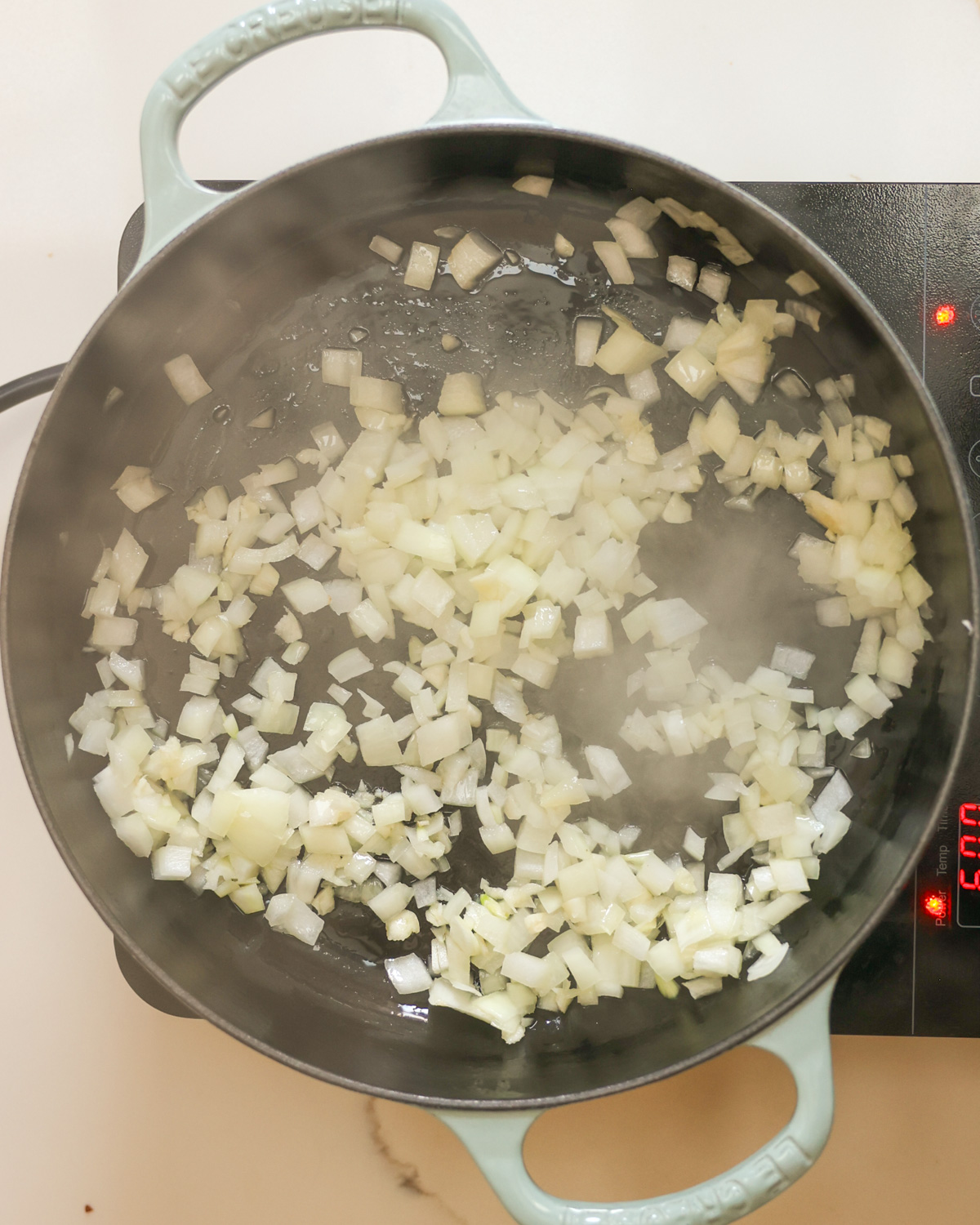 overhead sautéing onions