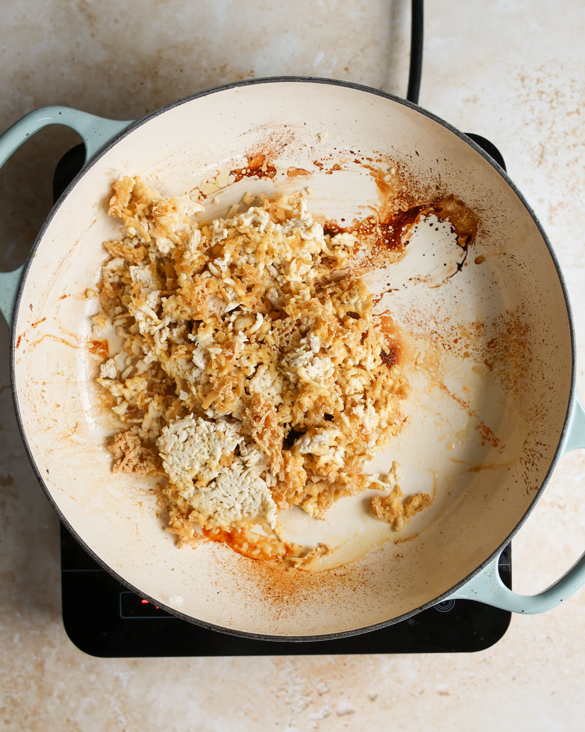 shredded tofu in pan