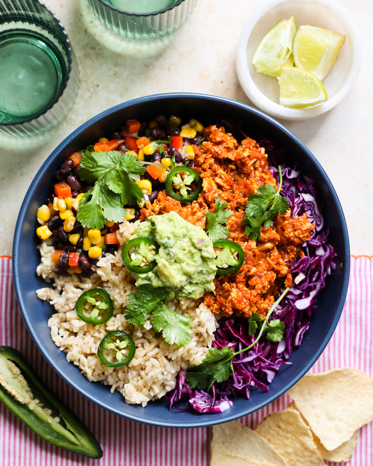 overhead of sofritas recipe bowl