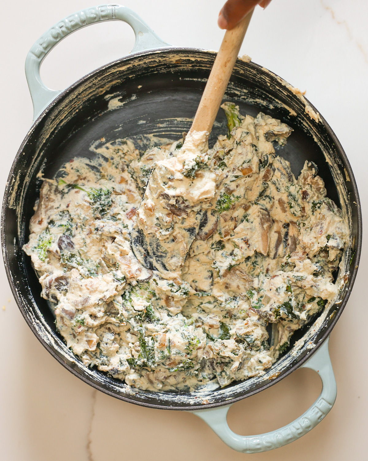 overhead of quiche filling mixed in pan