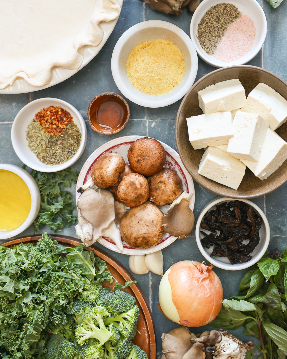 overhead of vegan quiche ingredients