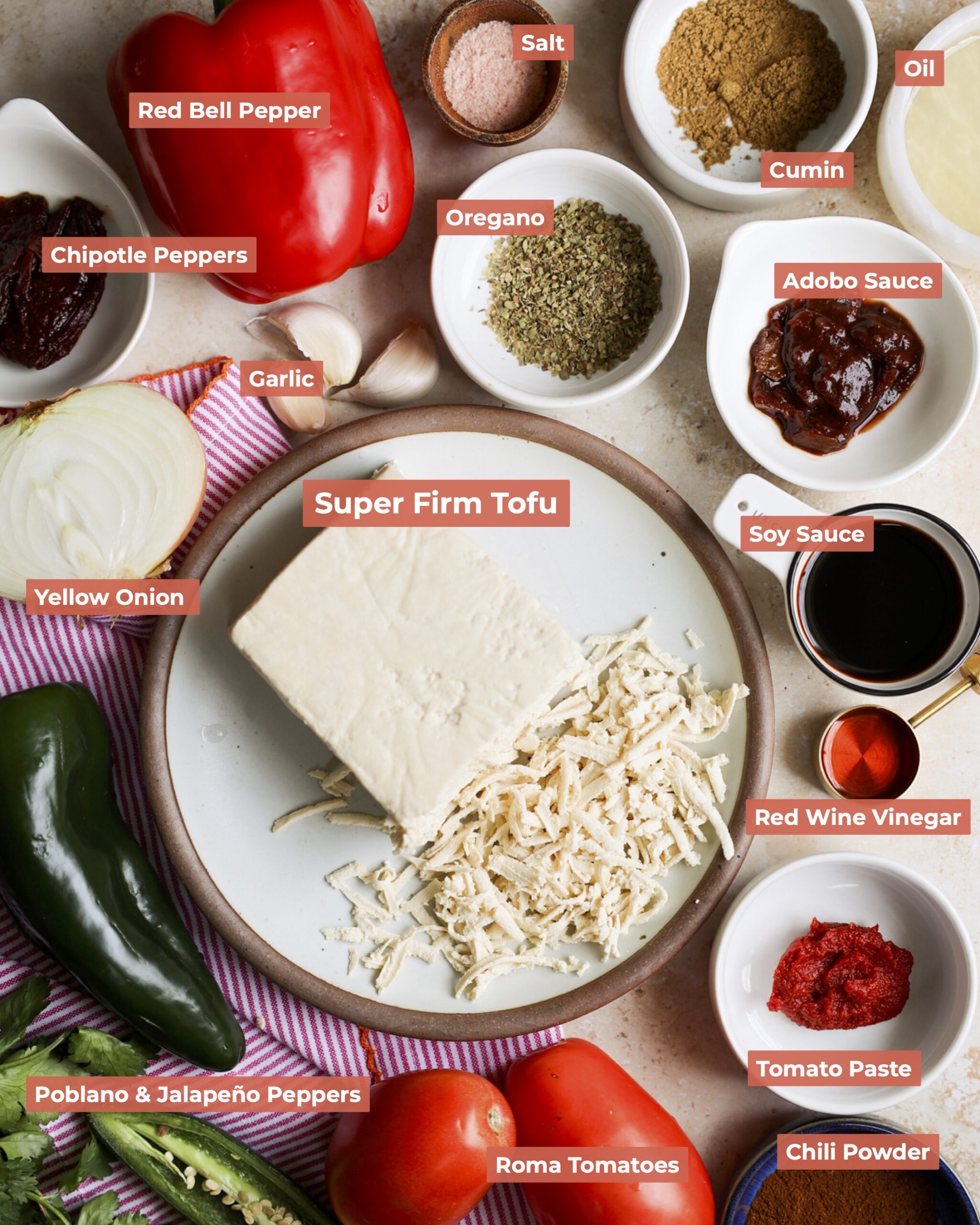 Labeled ingredients for sofritas.